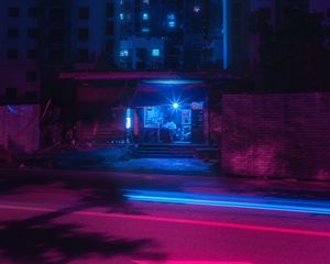 Preview wallpaper street, night, neon, light, city, buildings