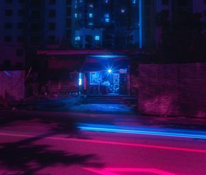 Preview wallpaper street, night, neon, light, city, buildings