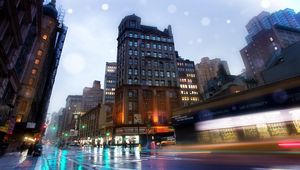 Preview wallpaper street, night, overcast, buildings, traffic, hdr