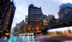 Preview wallpaper street, night, overcast, buildings, traffic, hdr