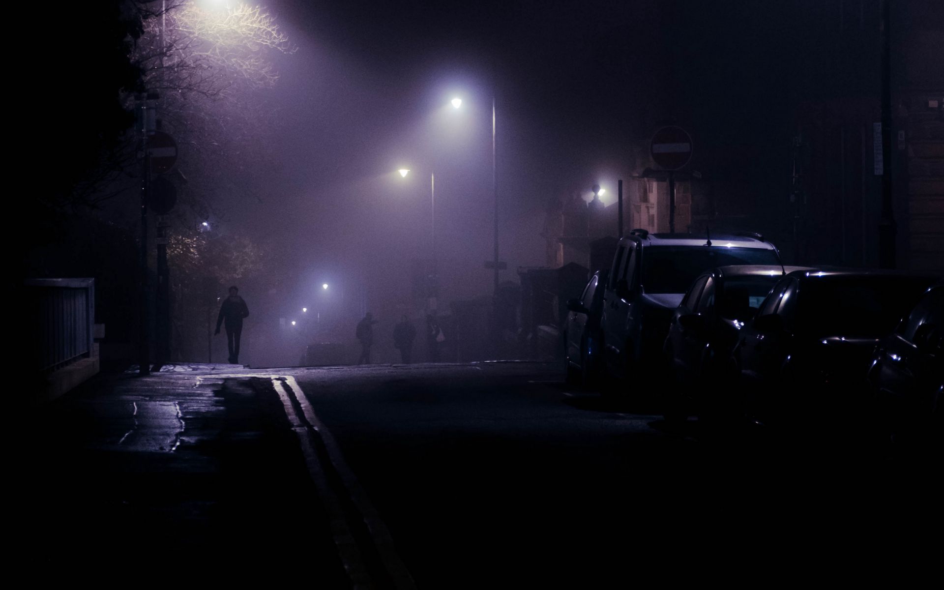 Download wallpaper 1920x1200 street, night, silhouettes, lights, fog