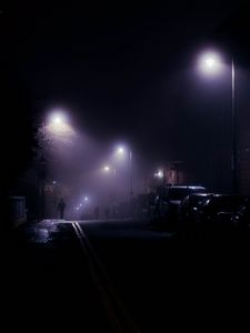 Preview wallpaper street, night, silhouettes, lights, fog