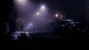 Preview wallpaper street, night, silhouettes, lights, fog