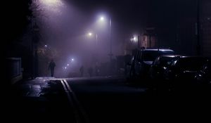 Preview wallpaper street, night, silhouettes, lights, fog
