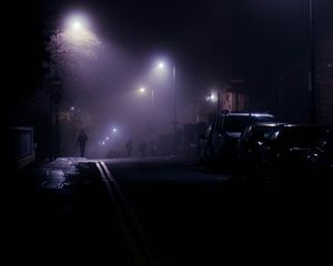 Preview wallpaper street, night, silhouettes, lights, fog