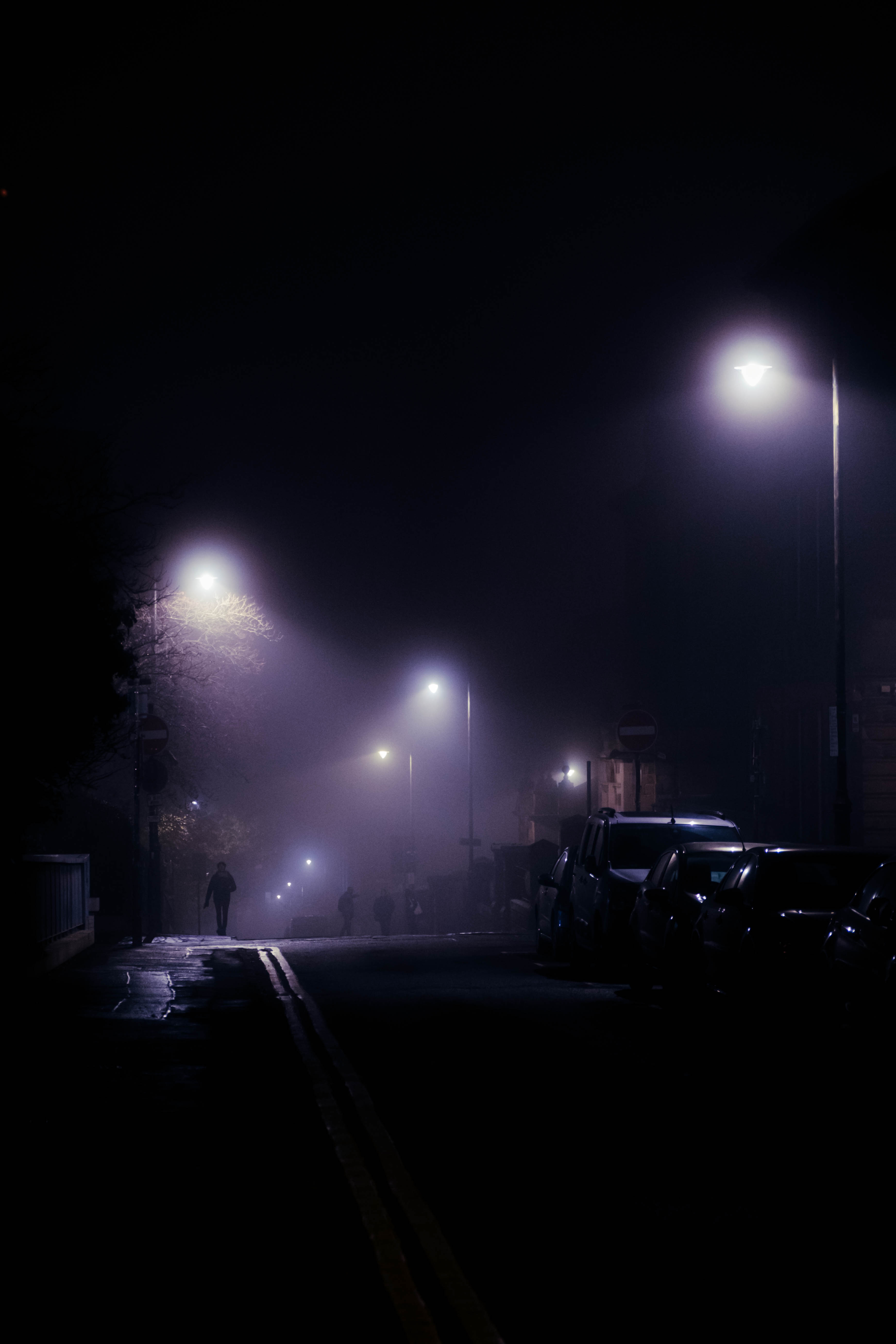 Download wallpaper 3690x5535 street, night, silhouettes, lights, fog hd