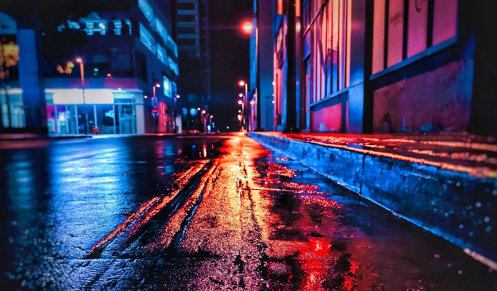 Download wallpaper 1024x600 street, night, wet, neon, city netbook, tablet  hd background