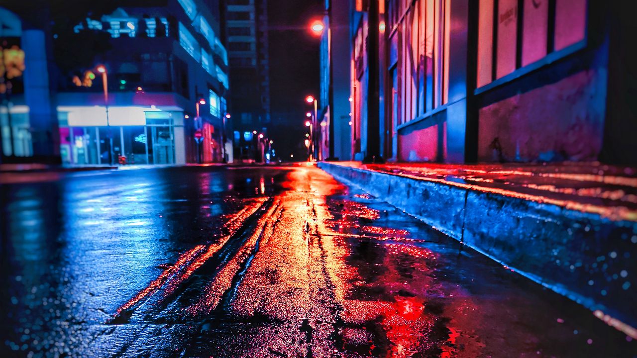 Wallpaper street, night, wet, neon, city