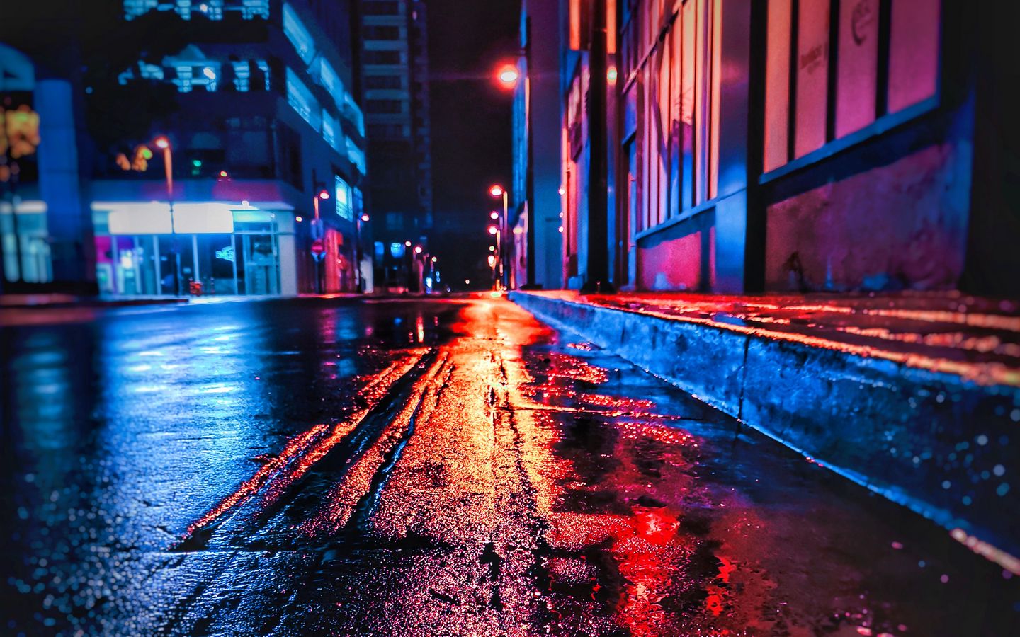 Download wallpaper 1440x900 street, night, wet, neon, city widescreen 16:10  hd background