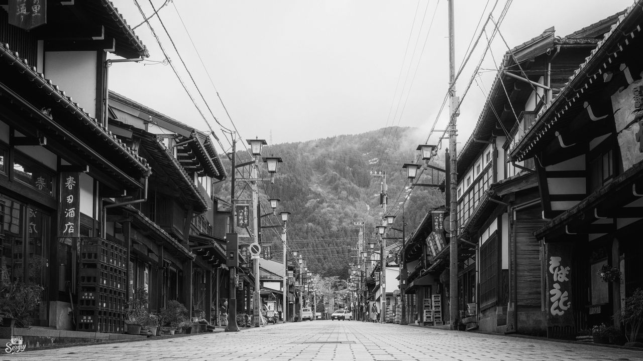 Wallpaper street, pagodas, lanterns, bw, japan