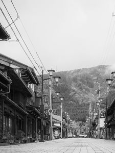 Preview wallpaper street, pagodas, lanterns, bw, japan