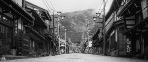 Preview wallpaper street, pagodas, lanterns, bw, japan
