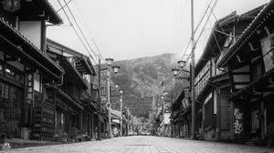 Preview wallpaper street, pagodas, lanterns, bw, japan