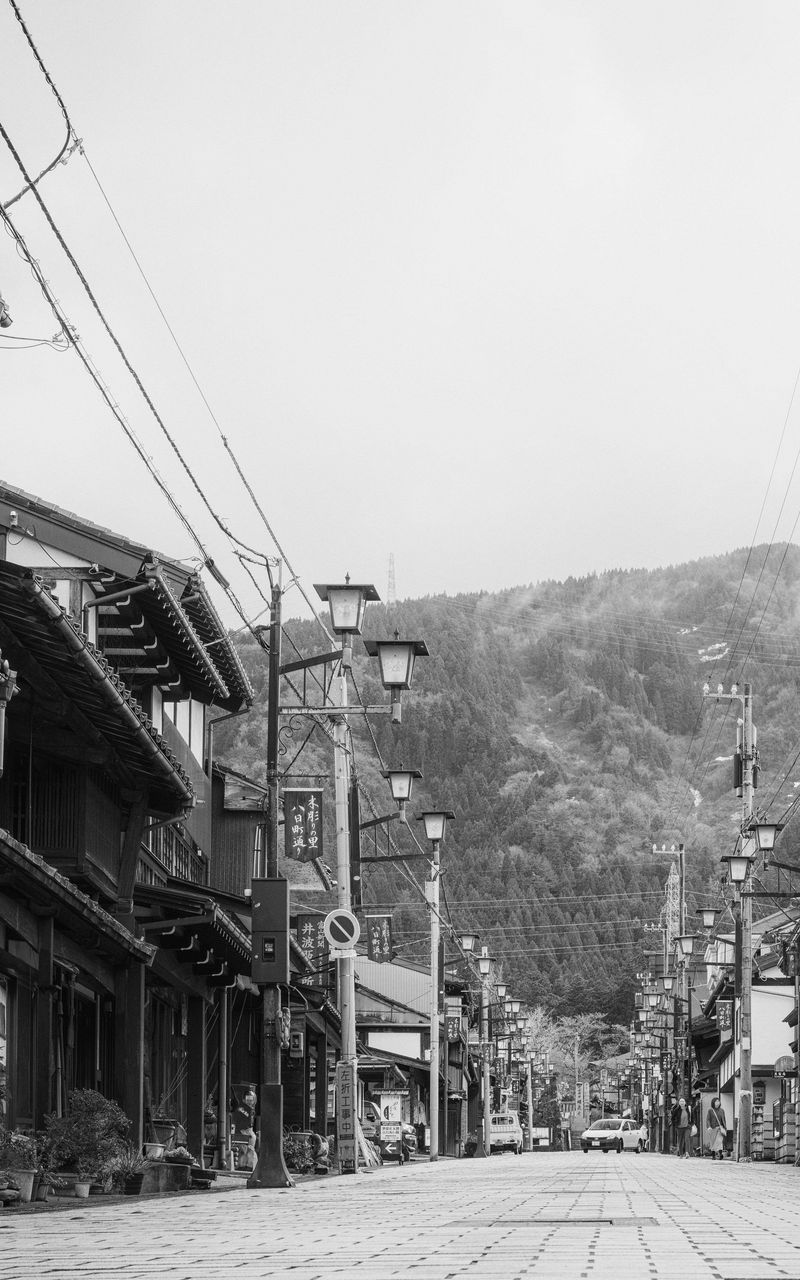 800x1280 Wallpaper street, pagodas, lanterns, bw, japan