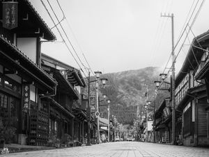 Preview wallpaper street, pagodas, lanterns. bw, japan