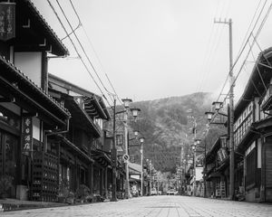 Preview wallpaper street, pagodas, lanterns. bw, japan