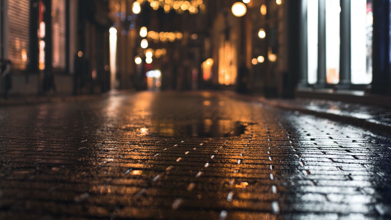 Wallpaper street, paving stones, puddle, wet, night