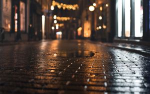 Preview wallpaper street, paving stones, puddle, wet, night