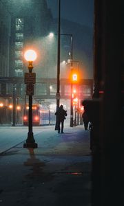 Preview wallpaper street, people, night, snow, city