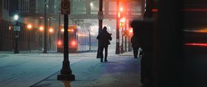 Preview wallpaper street, people, night, snow, city