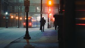 Preview wallpaper street, people, night, snow, city