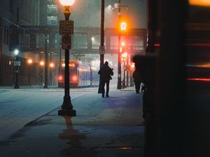 Preview wallpaper street, people, night, snow, city