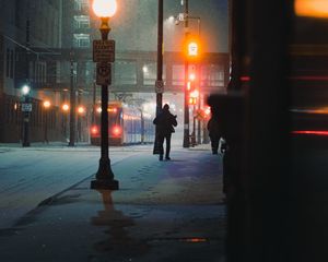 Preview wallpaper street, people, night, snow, city