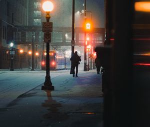 Preview wallpaper street, people, night, snow, city