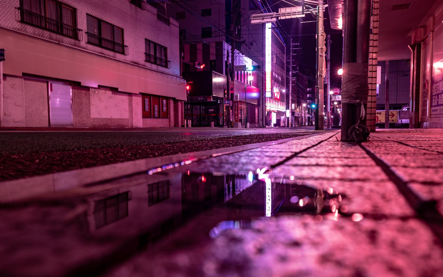 Download wallpaper 1440x900 street, puddle, neon, light, night widescreen  16:10 hd background