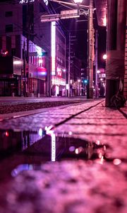 Preview wallpaper street, puddle, neon, light, night