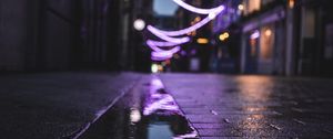 Preview wallpaper street, puddle, reflection, garlands, lights