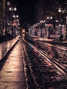 Preview wallpaper street, rails, tram, lights, night