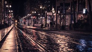 Preview wallpaper street, rails, tram, lights, night