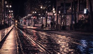 Preview wallpaper street, rails, tram, lights, night