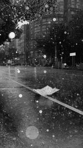 Preview wallpaper street, rain, bw, umbrella, asphalt, wet