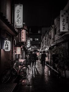 Preview wallpaper street, rain, signboards, hieroglyphs, people, dark