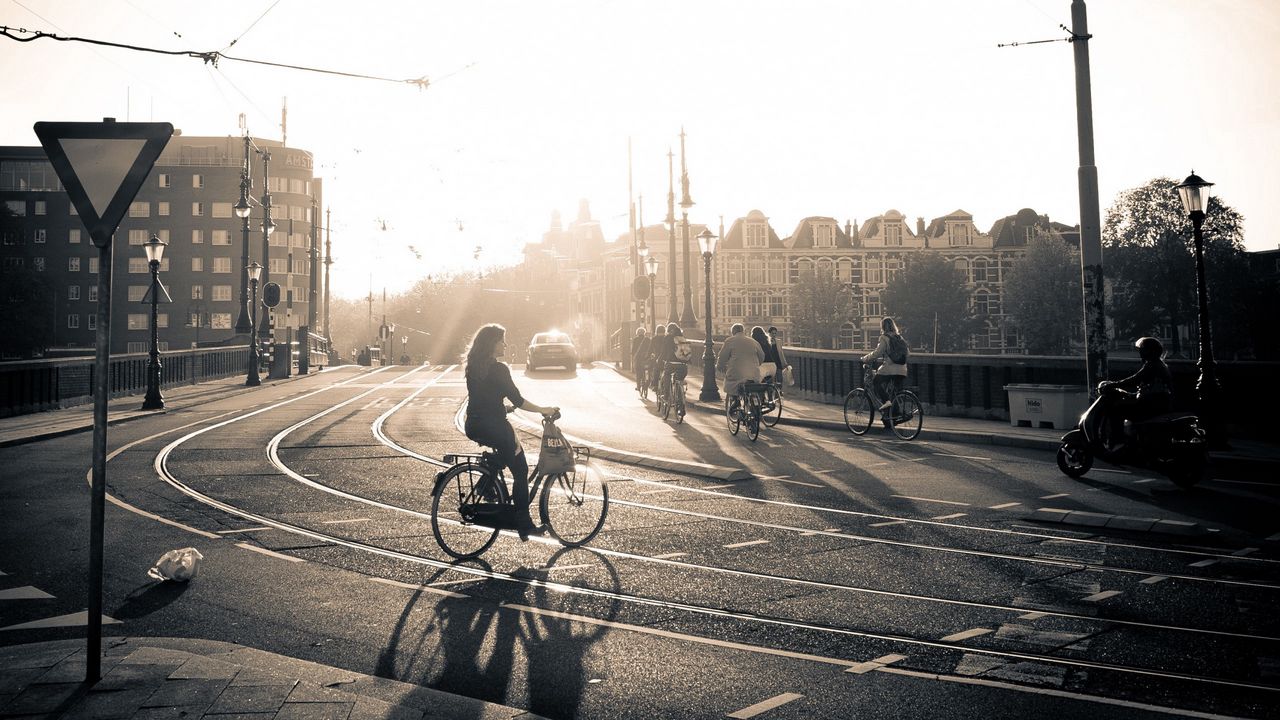 Wallpaper street, road, bicycle, people, light, sun, black white
