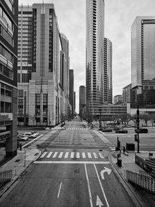 Preview wallpaper street, road, buildings, city, black and white