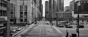 Preview wallpaper street, road, buildings, city, black and white