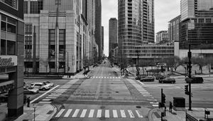 Preview wallpaper street, road, buildings, city, black and white