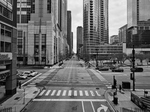 Preview wallpaper street, road, buildings, city, black and white