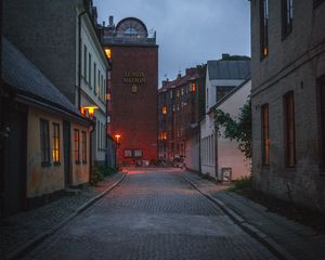 Preview wallpaper street, road, evening, buildings