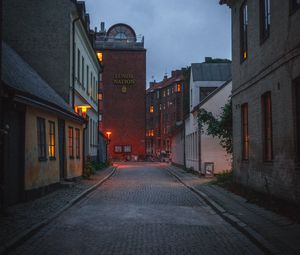 Preview wallpaper street, road, evening, buildings