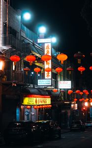 Preview wallpaper street, signs, night, cars, lanterns, dark