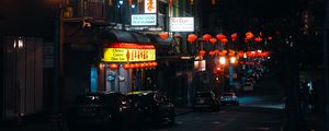 Preview wallpaper street, signs, night, cars, lanterns, dark