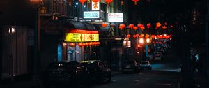 Preview wallpaper street, signs, night, cars, lanterns, dark