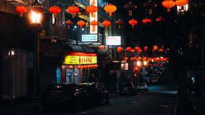 Preview wallpaper street, signs, night, cars, lanterns, dark