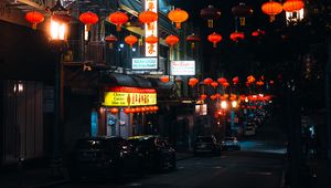 Preview wallpaper street, signs, night, cars, lanterns, dark