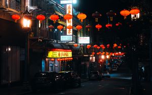 Preview wallpaper street, signs, night, cars, lanterns, dark