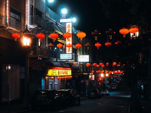 Preview wallpaper street, signs, night, cars, lanterns, dark